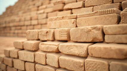 ziggurat. Ancient Mesopotamian mud-brick ziggurat structure, weathered surface in warm desert light. real-estate listings.