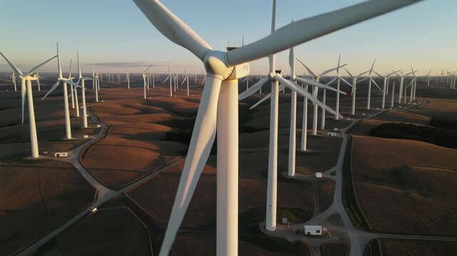 Aerial view of a wind farm at sunrise. Wind turbines spinning to generate renewable energy. Sustainable power generation for future.