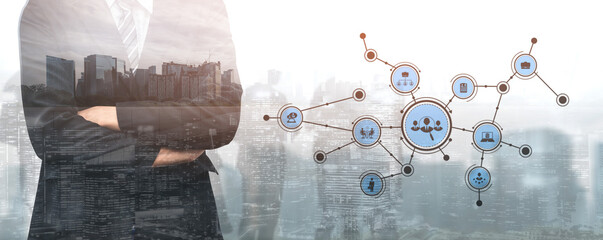A business professional stands confidently with arms crossed, overlooking a modern cityscape, as digital network connections and various data icons signify innovation and corporate strategy. Tessel