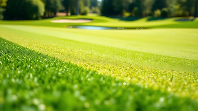 oligarchy. A golf course with manicured grass and water hazards under a sunny sky. event key visuals, club posters, designed for sports event promotions and stadium branding, drives event promotion.
