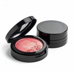 Two round compact blush containers, one open, one closed, display a vibrant pink blush