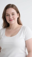 Fototapeta premium Caucasian woman smiling in simple white t-shirt