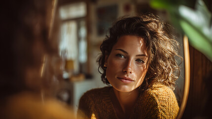 woman in serene cozy room looking at mirror with soft natural lighting capturing beauty confidence mindfulness emotional expression and elegant portrait mood