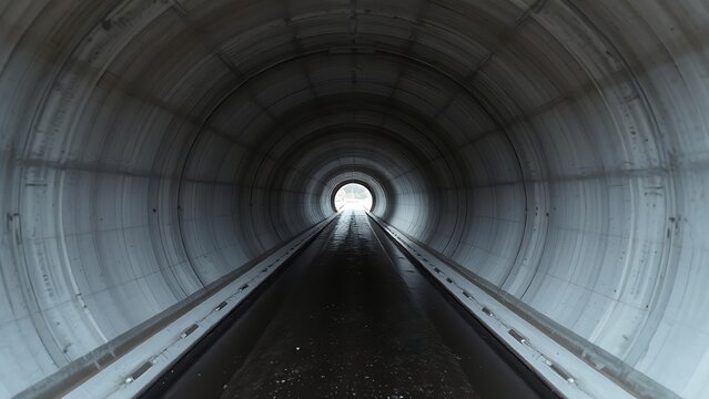 undernourishment. A concrete drainage pipe under a road, wet interior with dripping water, tunnel perspective. real-estate listings.