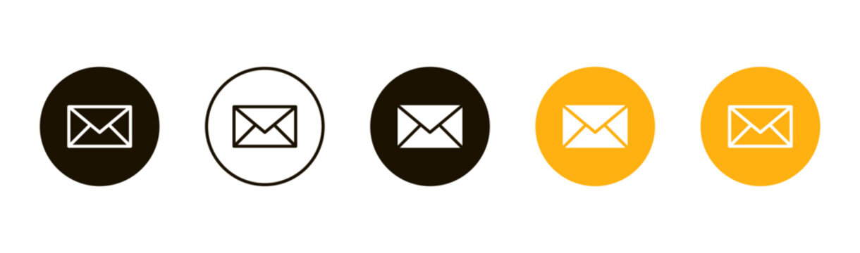email envelope icon button in orange circle button for contact and communication, email, messaging, mail delivery