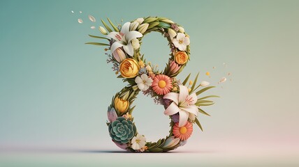 Floral number eight design crafted with vibrant blossoms, leaves, and botanical elements on a soft pastel gradient background