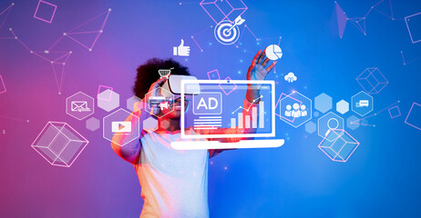 A creative virtual marketing scene showcasing a person using digital tools in social media...