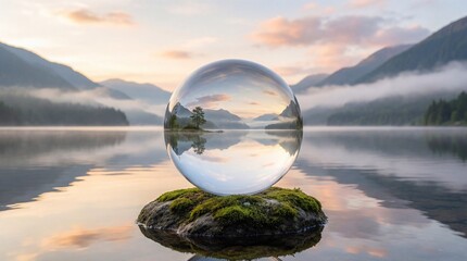 A large crystal-clear glass sphere reflecting a serene mountain landscape at sunset over a calm lake