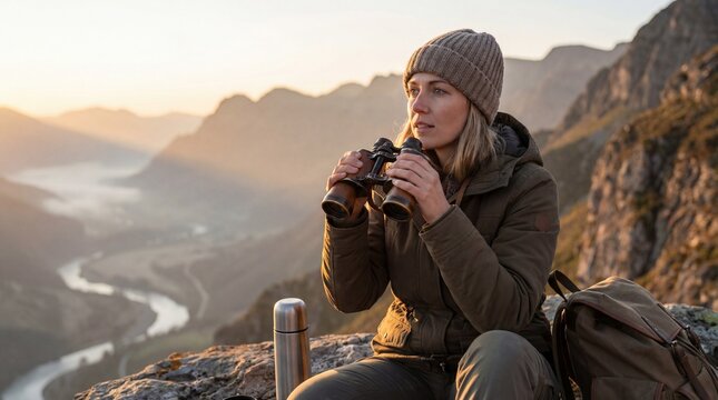Person using binoculars to observe scenic mountain valley during golden hour