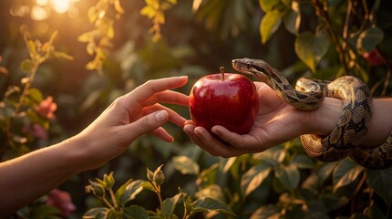 A hand reaching out to receive a red apple from another hand adorned with a coiled snake in a lush garden setting