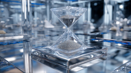 futuristic laboratory interior with transparent hourglass and silver sand, chrome table reflecting modern science and technology concept