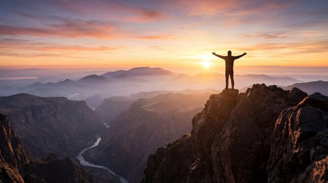 Person standing on mountain peak with arms outstretched during a vibrant sunset over vast valleys and distant mountains