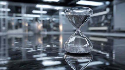 futuristic laboratory interior with transparent hourglass and silver sand, chrome table reflecting modern science and technology concept