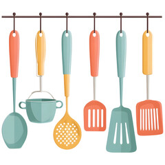 Colorful kitchen utensils hanging on a rack