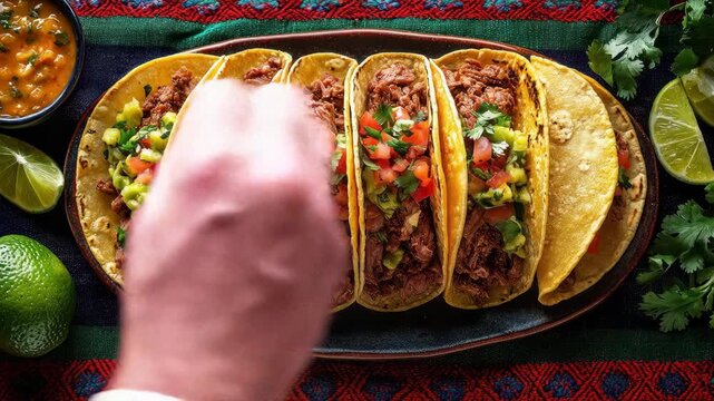 Plate of tacos with avocado, salsa, meat, cilantro, and lime, on tablecloth