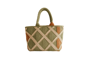 Woven jute tote bag with diamond pattern isolated on transparent background