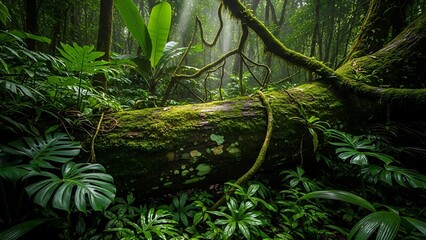 Lush Jungle Scene with Fallen Log and Abundant Greenery.