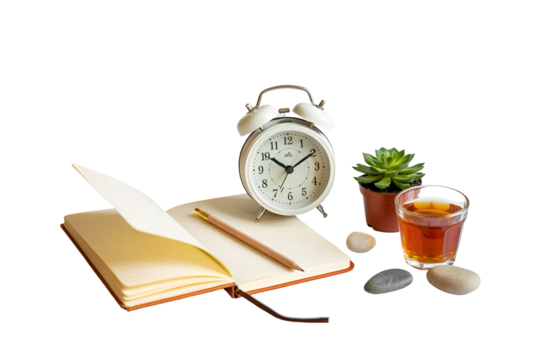 Still life composition with open notebook alarm clock plant and drink isolated on transparent background