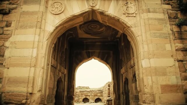 Ancient arched doorway perspective view inside architectural structure