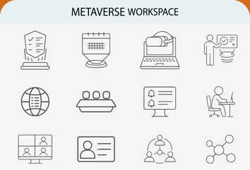 Metaverse workspace line icons, virtual office remote work technology concept