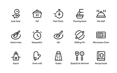 Chef cooking icons. kitchen, food, utensil symbols, recipe, and clean cooking line designs.
