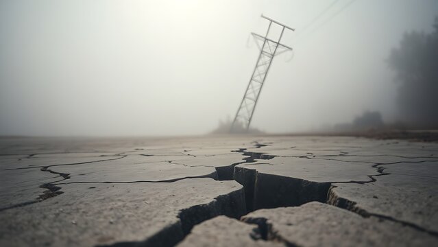 aftershock. Cracked concrete pavement and tilted utility pole after earthquake in morning fog. ESG reports, sustainability campaigns, designed for environmental awareness campaigns.