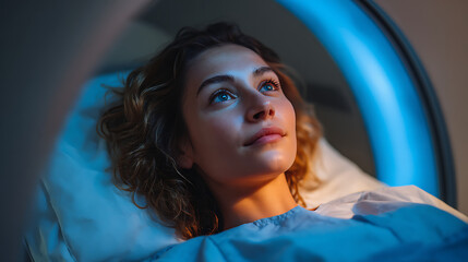 woman undergoing MRI or CT scan in medical imaging machine showing patient care healthcare professional modern hospital diagnostic procedure and clinical staff