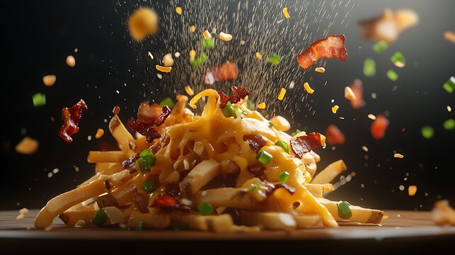 Loaded French fries flying apart with melted cheese strands stretching mid-air, bacon bits and scallions scattered