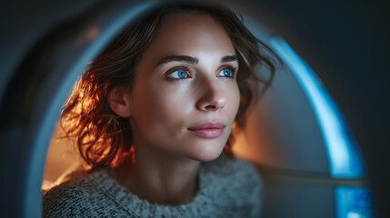 woman patient undergoing MRI or CT scan in hospital imaging machine medical professional staff healthcare technology diagnostic imaging clinical examination treatment