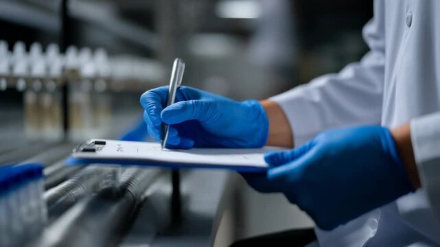 Laboratory technician analyzing samples with clipboard in a modern research facility