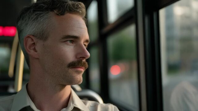 Thoughtful man on bus enjoying a moment of reflection and smartphone use