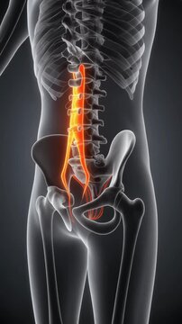 Anatomical 3D Animation Of The Human Lumbar Spine And Pelvis Highlighted In Red And Orange Showing The Aorta And Iliac Arteries