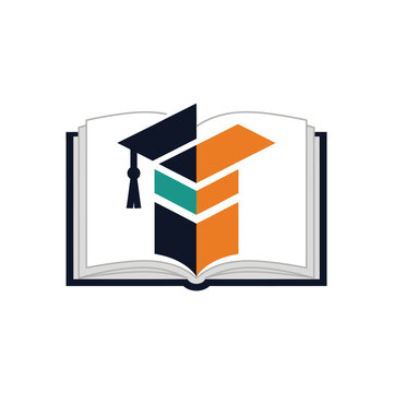 Open book with graduation cap icon in black, orange and teal.