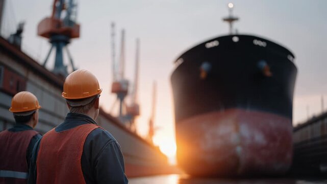Shipyard Workers Inspecting a Large Vessel at Sunset in a Maritime Dock