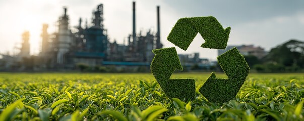 Showcasing green initiatives with a lush recycle symbol amidst industry, emphasizing sustainability and environmental responsibility for a greener future