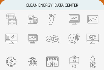 Clean energy data center line icons, sustainable computing power efficiency