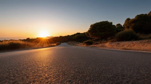 Scenic Sunset Road with Arrow Markings, Perfect for Travel and Adventure Themes