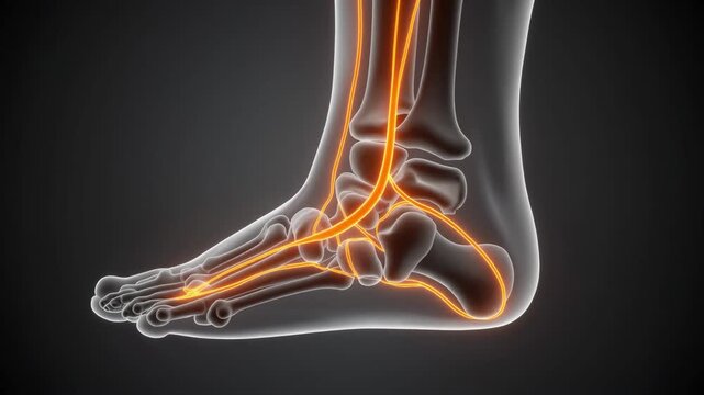 Anatomical Illustration of the Human Foot and Ankle Nerves Glowing Orange Highlighting the Nervous System Pathway