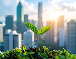 Sprout grows with cityscape, sunrise glow