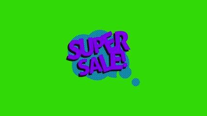 A purple 'SUPER SALE!' text overlay on a bright green background with blue
