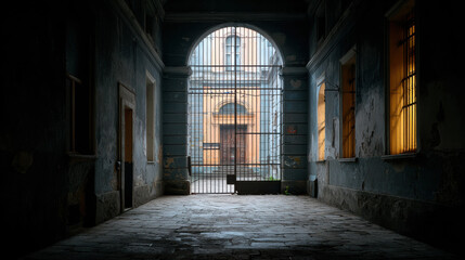 Dimly lit arched corridor framed by iron gate and worn stone floor evokes silence and solitude during government shutdown