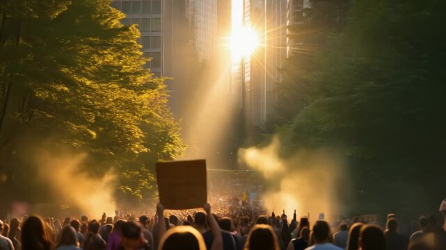 Stunning sunset shines through city buildings over a vibrant crowd during a peaceful protest