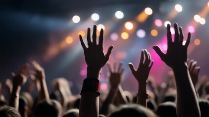 Exciting concert scene with hands raised high, vibrant lights and energetic crowd atmosphere