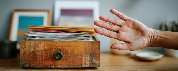 Hand pushing wooden drawer of documents government shutdown affecting office mail organization calm