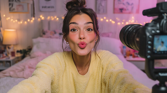 home scene of young female vlogger influencer recording video making kissy face casual playful content smiling lifestyle digital creator online personality and social media fun