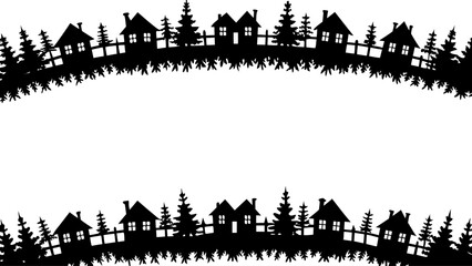 Fototapeta premium Charming silhouette scene of houses and pine trees on a hill with fences, perfect for holiday cards, banners, and festive designs, from its vector origin