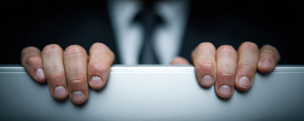 Nervous businessman clutching desk edge during government shutdown moment showing tension and uncertainty