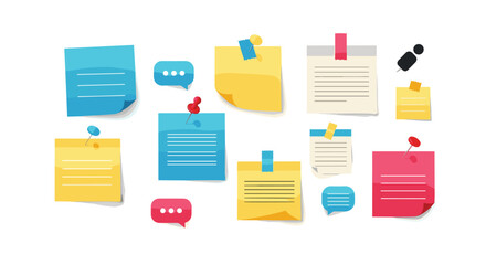 A collection of colorful sticky notes, memo pads, and chat bubbles affixed with pins and tape, symbolizing ideas, organization, and communication.