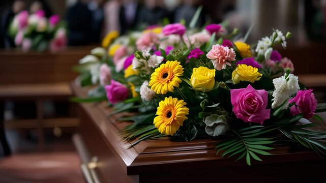 Beautiful floral tribute on a wooden coffin for a heartfelt funeral service