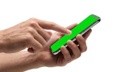 Hand Holding Smartphone with Chroma Key Green Screen, Mobile App Mockup, Digital Technology